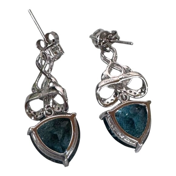 Sterling Silver DK Blue Topaz Elegant Bow Drop Earrings Statement Pierced Vtg - Picture 7 of 7